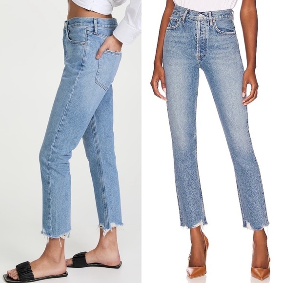 AGOLDE 90s High Rise Distressed Button Fly Raw Hem Ankle Crop Straight Jeans 26 - Picture 8 of 10